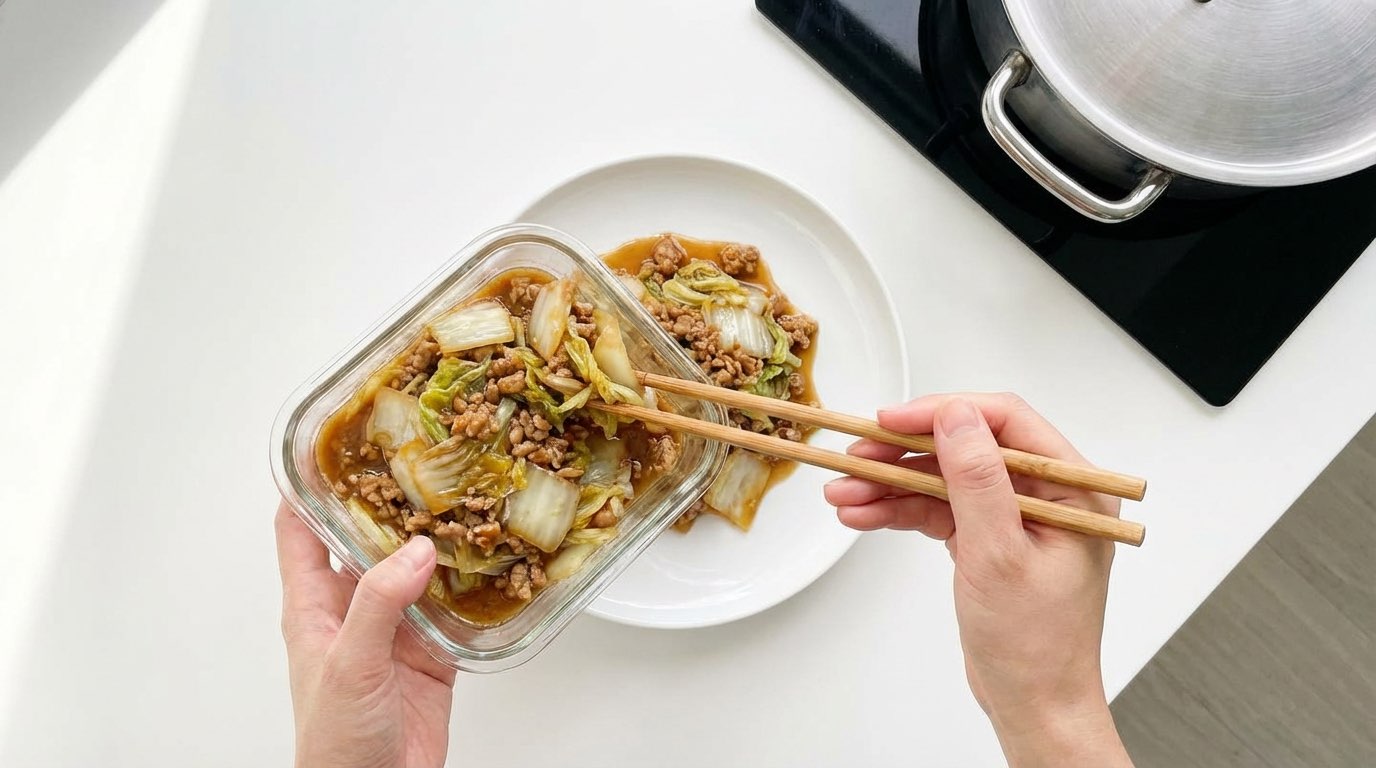 豚ひき肉と白菜の味噌だれレンジ蒸し（完成イメージ）