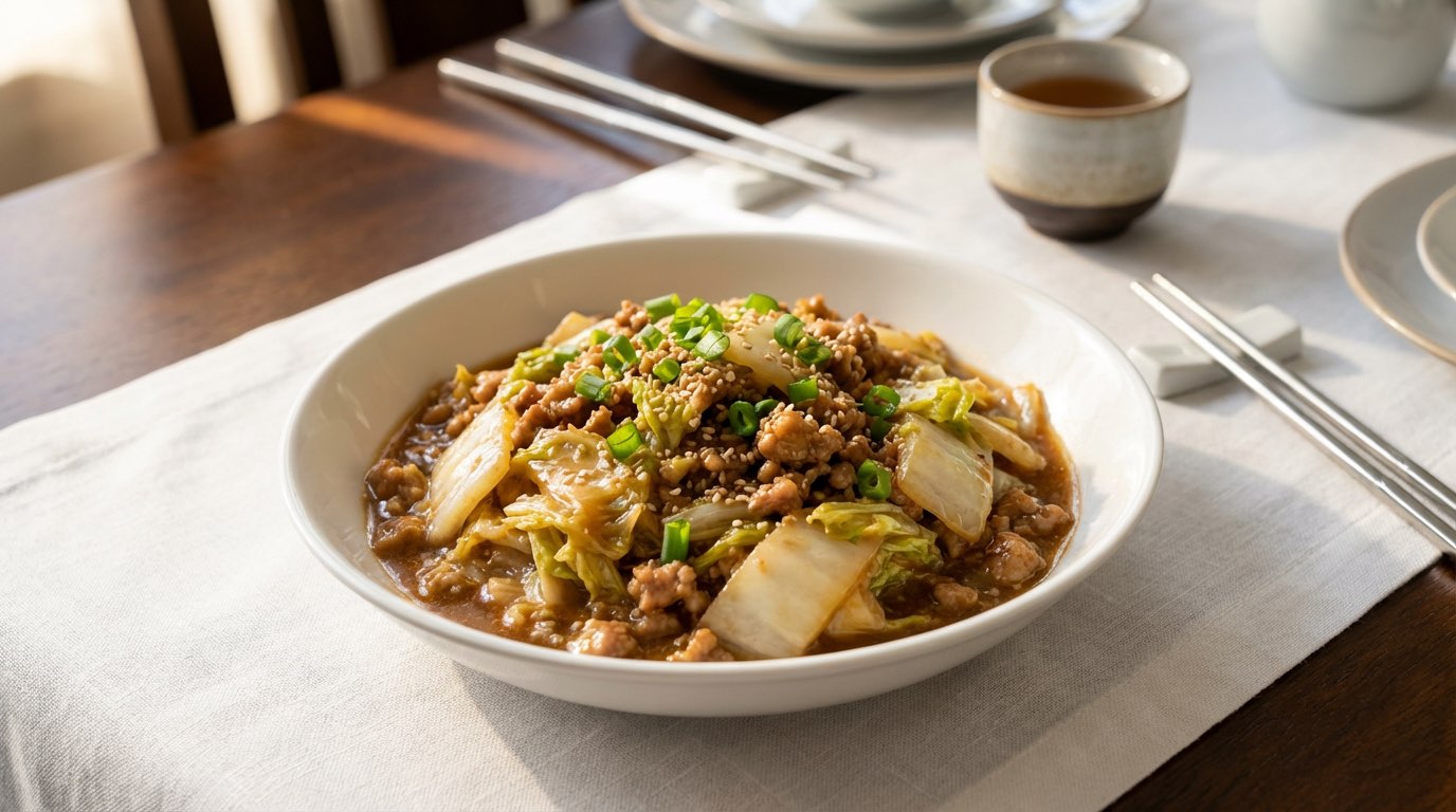 豚ひき肉と白菜の味噌だれレンジ蒸し（完成イメージ）