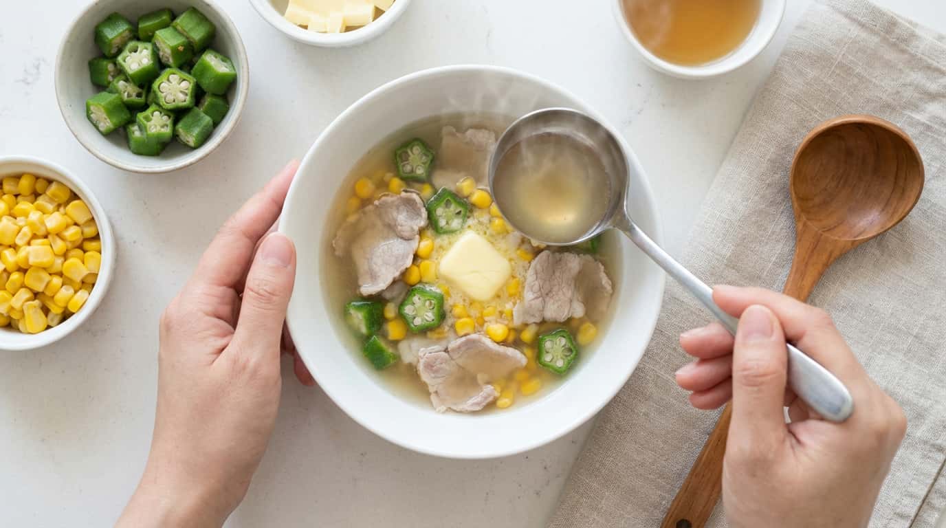 豚ひき肉とオクラのバター醤油スープ（完成イメージ）