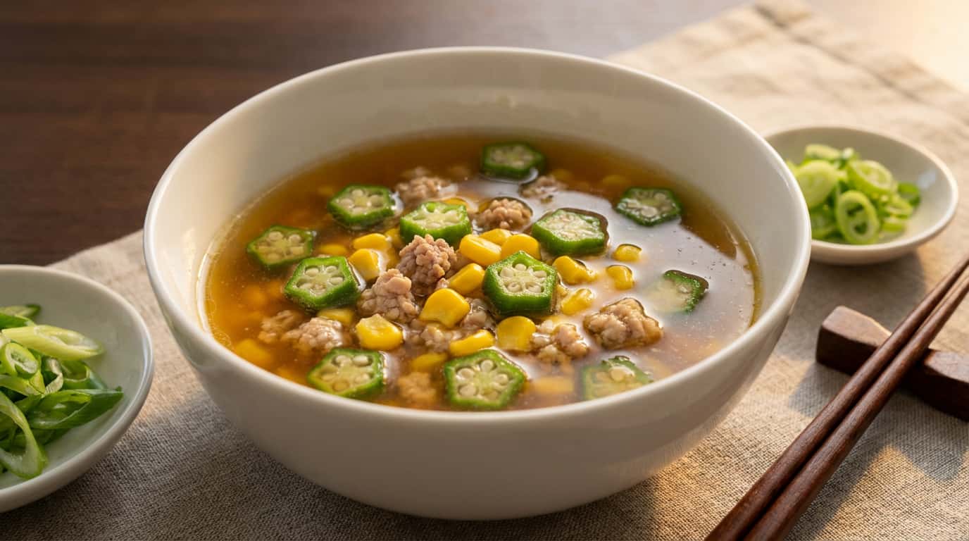 豚ひき肉とオクラのバター醤油スープ（完成イメージ）