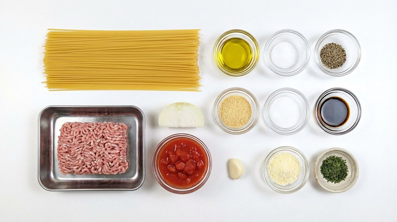 豚ひき肉と玉ねぎの節約トマトパスタ（材料）