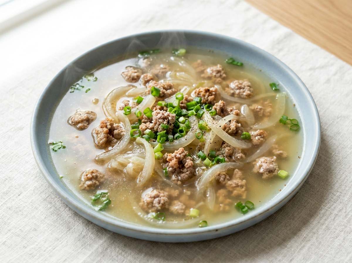 豚ひき肉と玉ねぎの鶏だし糖質オフスープ