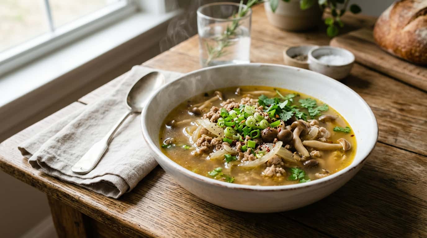 豚ひき肉と玉ねぎの鶏だし糖質オフスープ（完成イメージ）