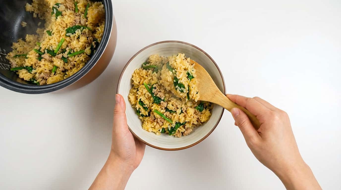 豚ひき肉とほうれん草のマヨ炊き込みご飯（糖質オフ）（完成イメージ）