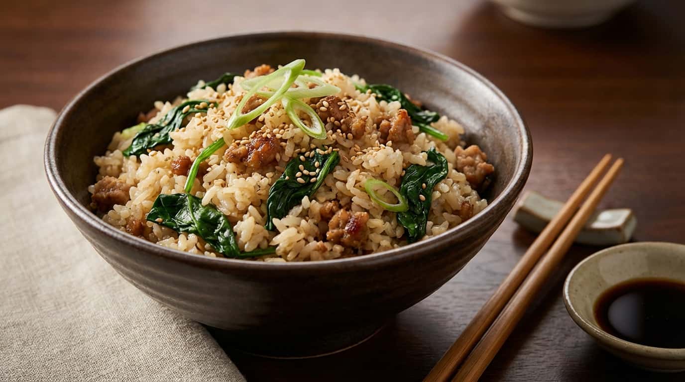 豚ひき肉とほうれん草のマヨ炊き込みご飯（糖質オフ）（完成イメージ）