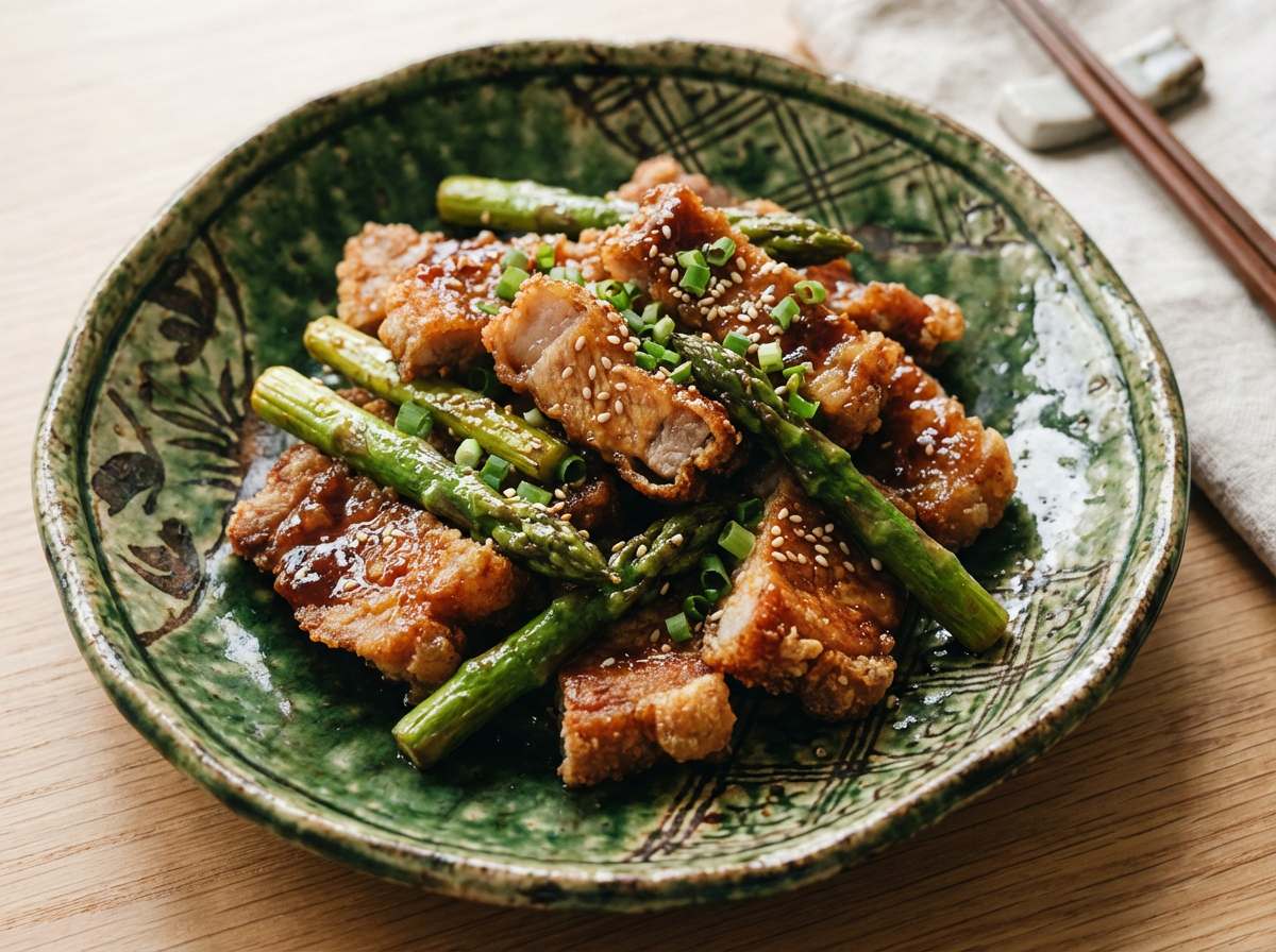 豚こまとアスパラのカリカリ焼肉タレ揚げ