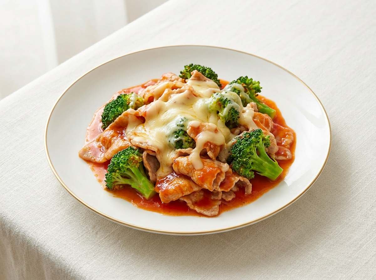 豚こまとブロッコリーのケチャップチーズレンジ蒸し