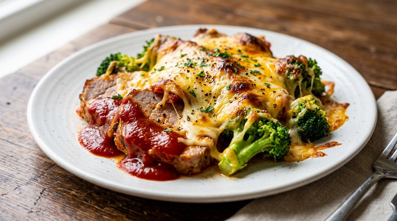 豚こまとブロッコリーのケチャップチーズレンジ蒸し