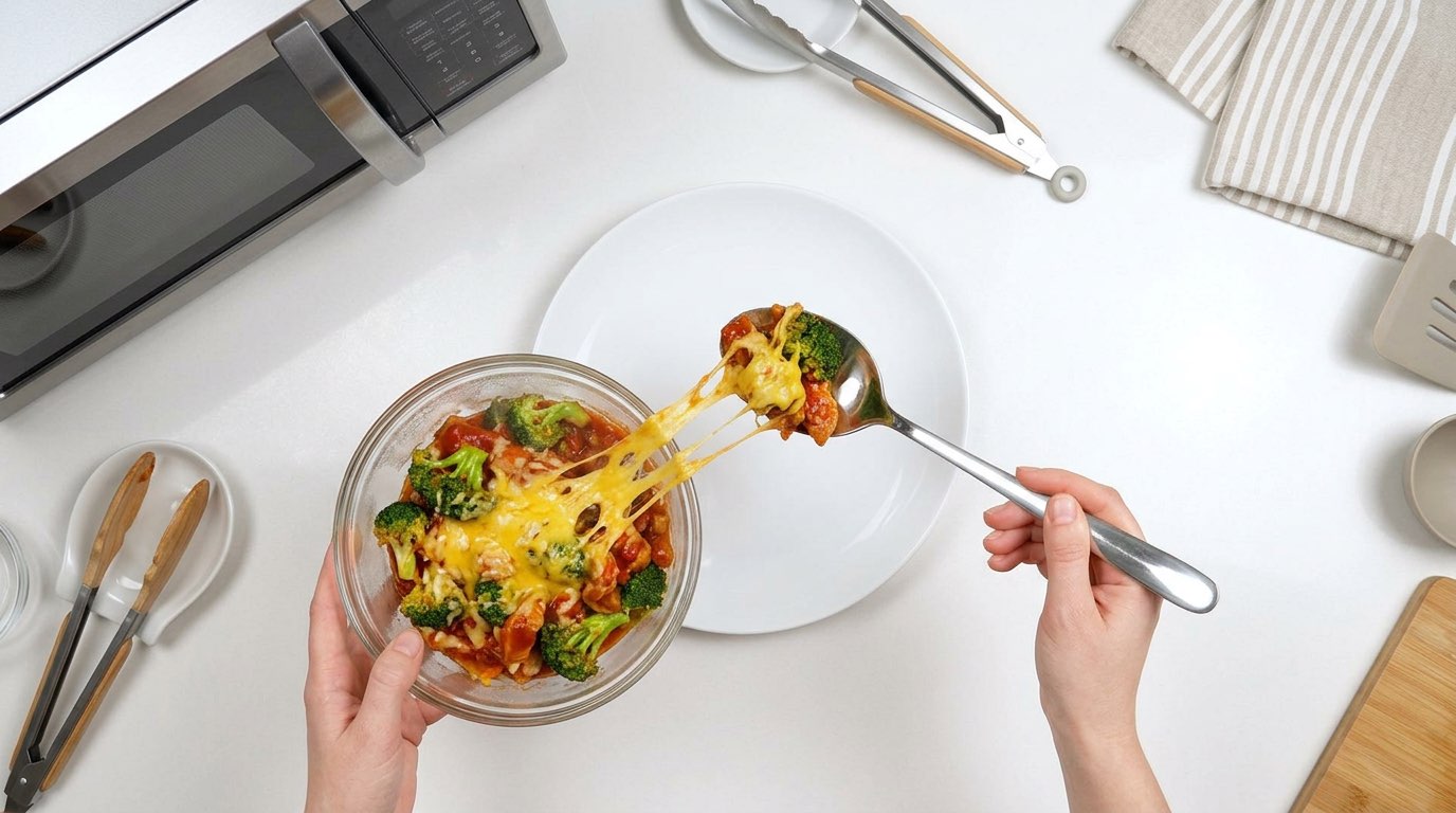 豚こまとブロッコリーのケチャップチーズレンジ蒸し（完成イメージ）