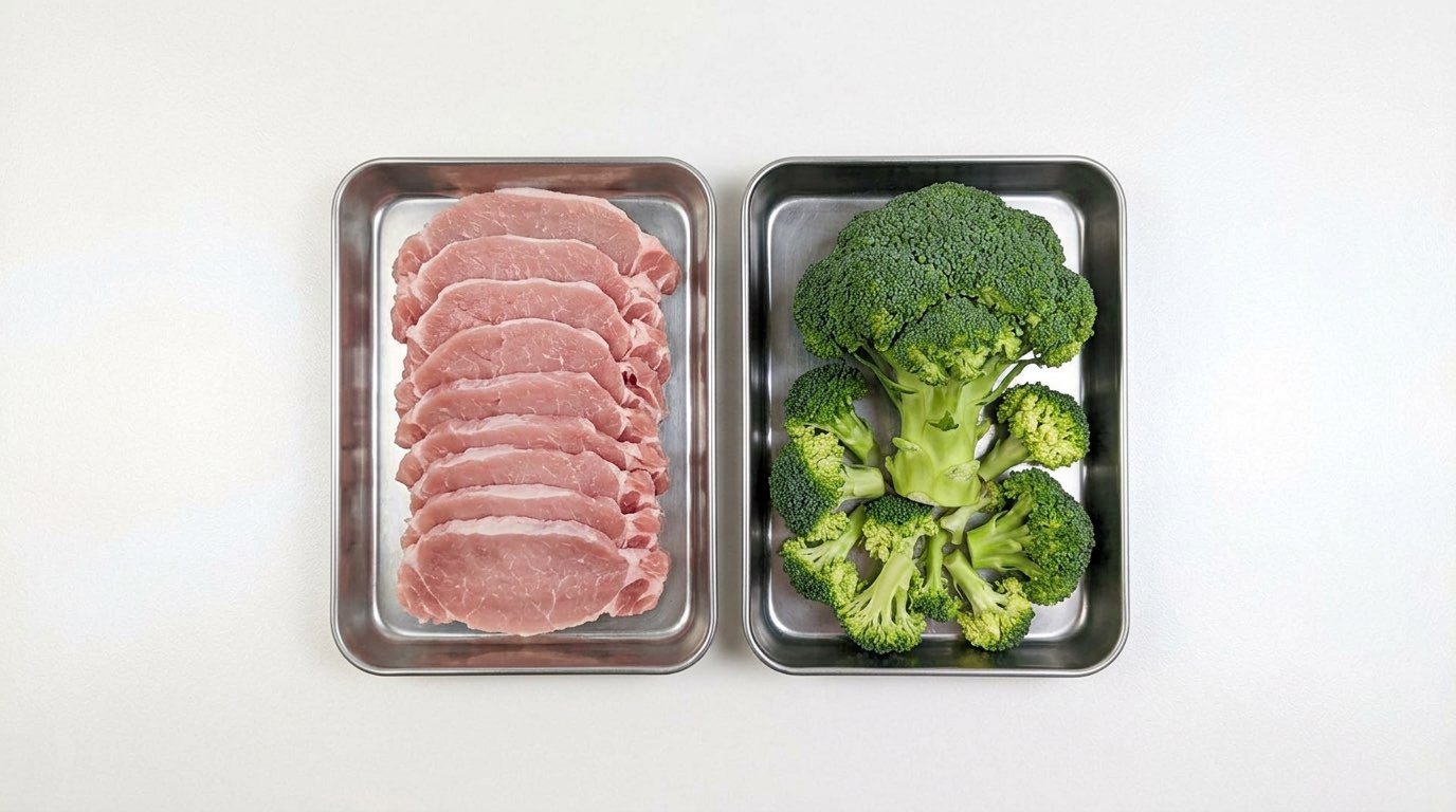 豚こまとブロッコリーのケチャップチーズレンジ蒸し（材料）