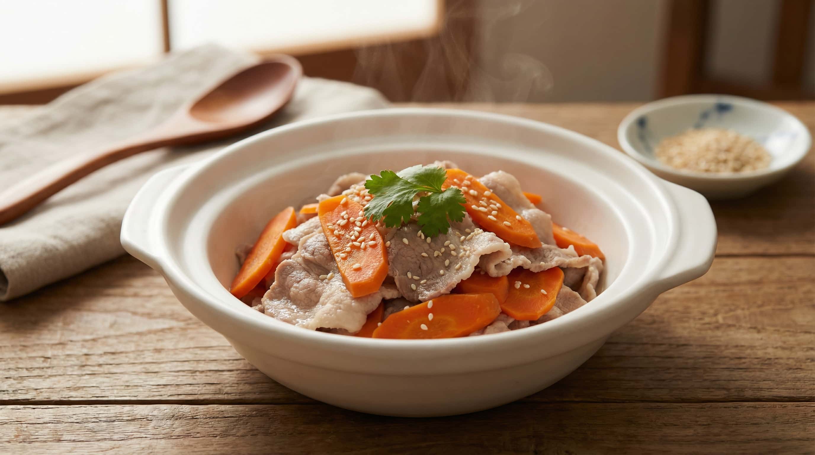 豚こまとにんじんのごま油蒸し（完成イメージ）