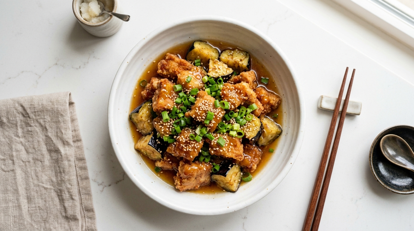 豚こまとなすの揚げびたし〜鶏ガラだしのさっぱりつゆ〜（完成イメージ）