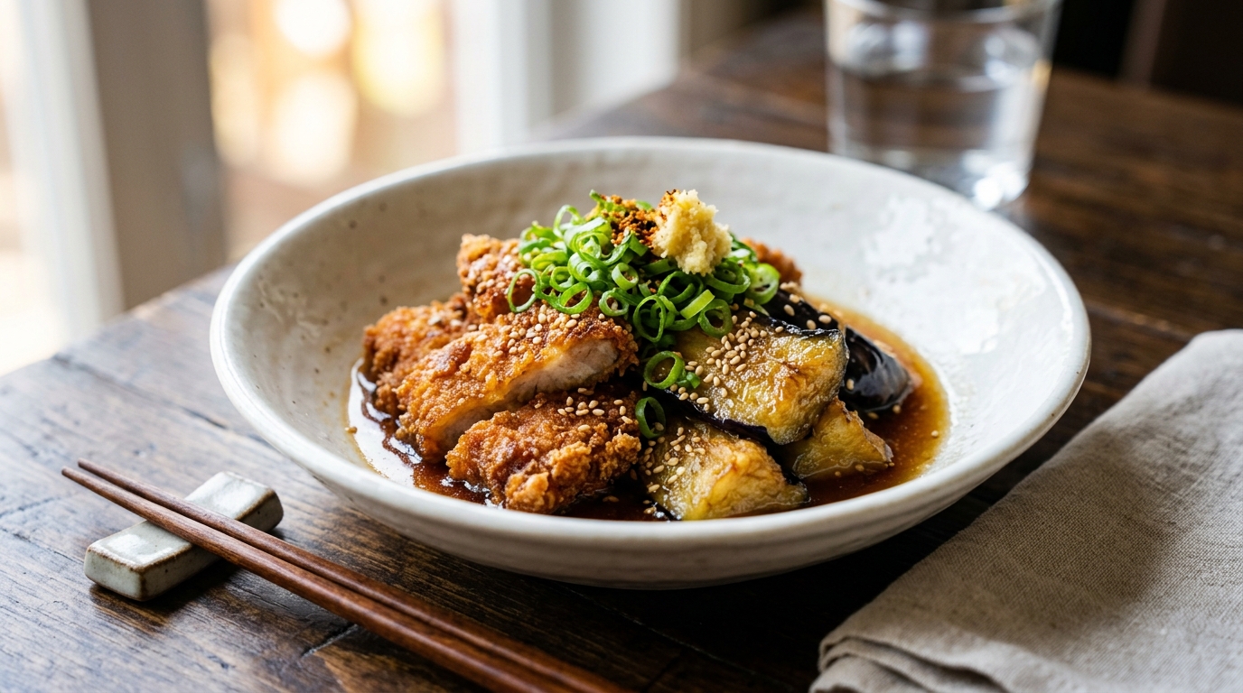 豚こまとなすの揚げびたし〜鶏ガラだしのさっぱりつゆ〜（完成イメージ）