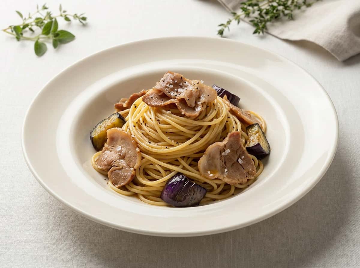 豚こまとなすの塩こしょうパスタ（時短10分）