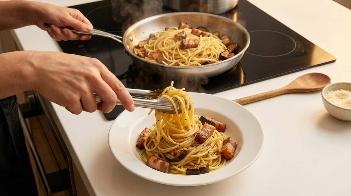 豚こまとなすの塩こしょうパスタ（時短10分）（完成イメージ）