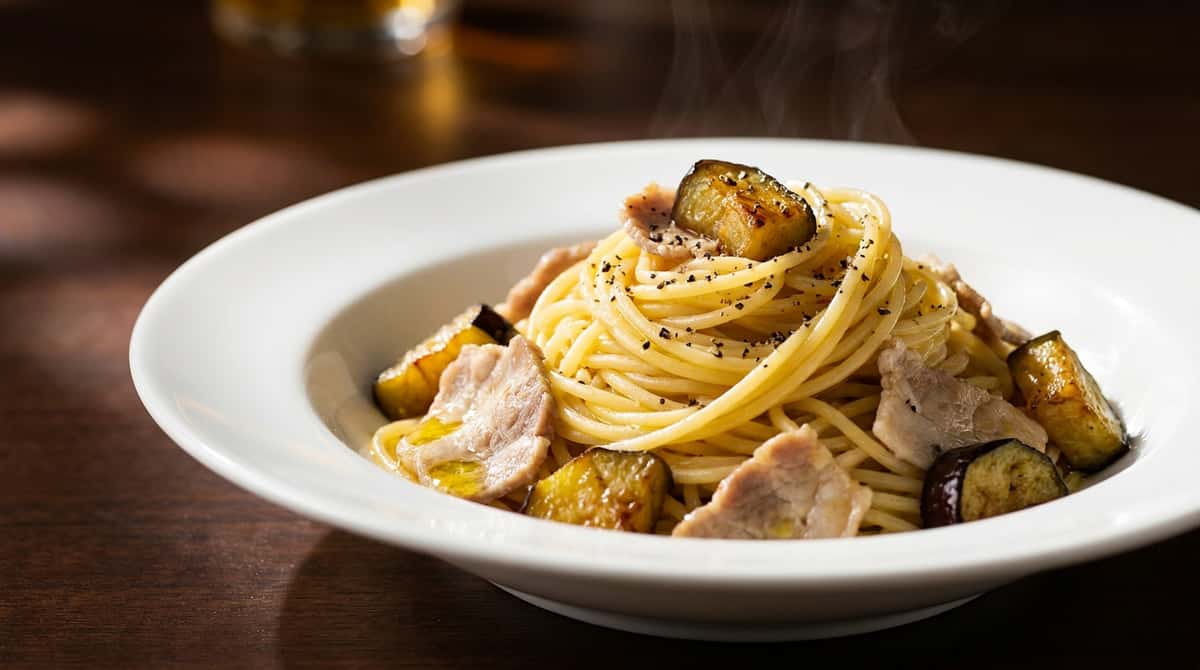 豚こまとなすの塩こしょうパスタ（時短10分）（完成イメージ）