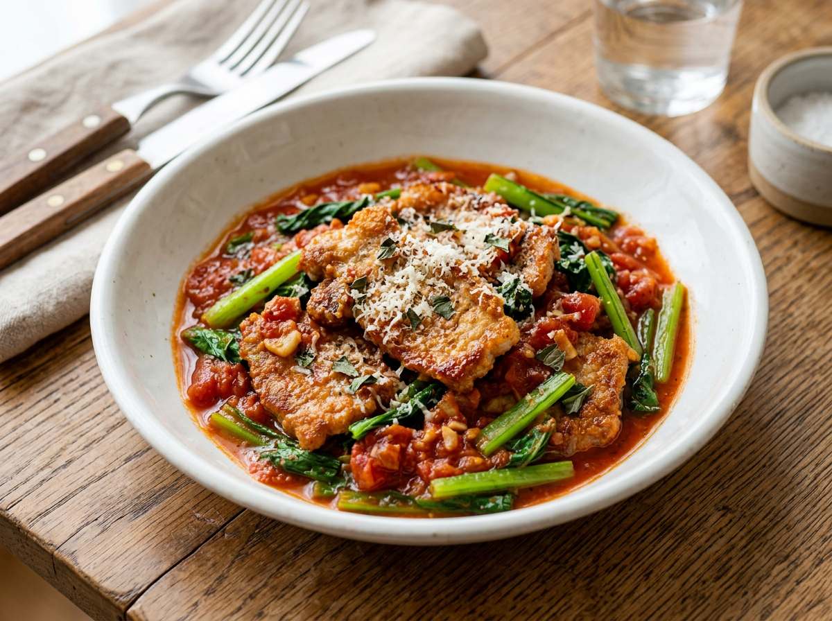 豚こま切れと小松菜のトマト缶揚げ
