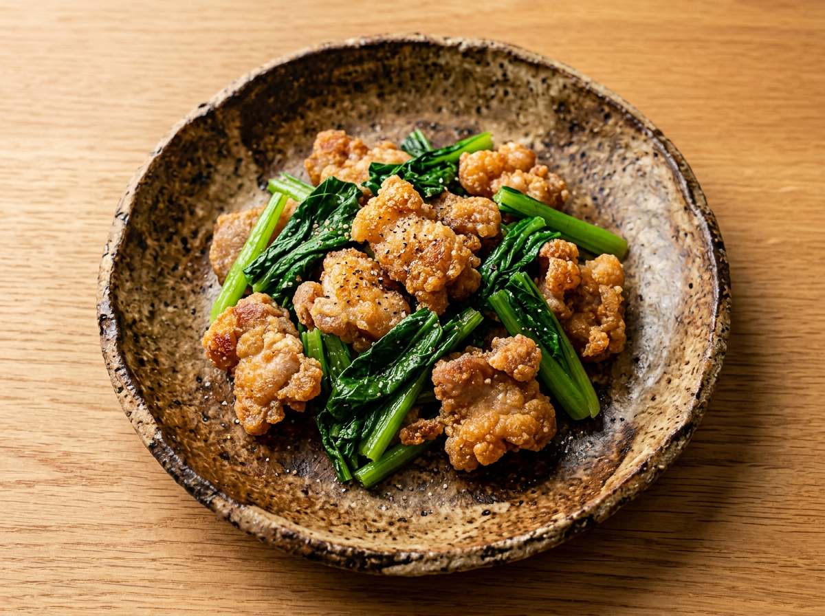 豚こま切れ肉と小松菜の塩こしょう揚げ（作り置き）