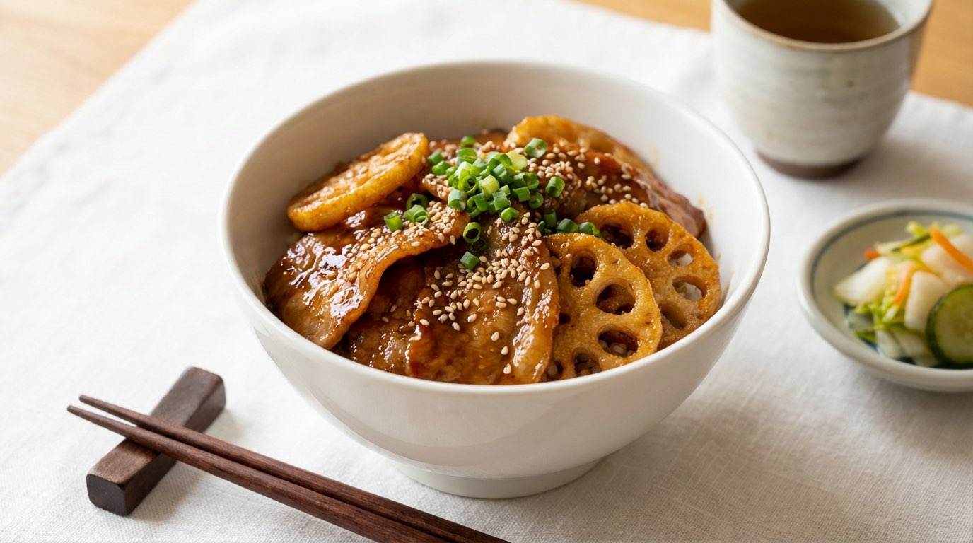 豚こまれんこんの醤油丼（時短10分）