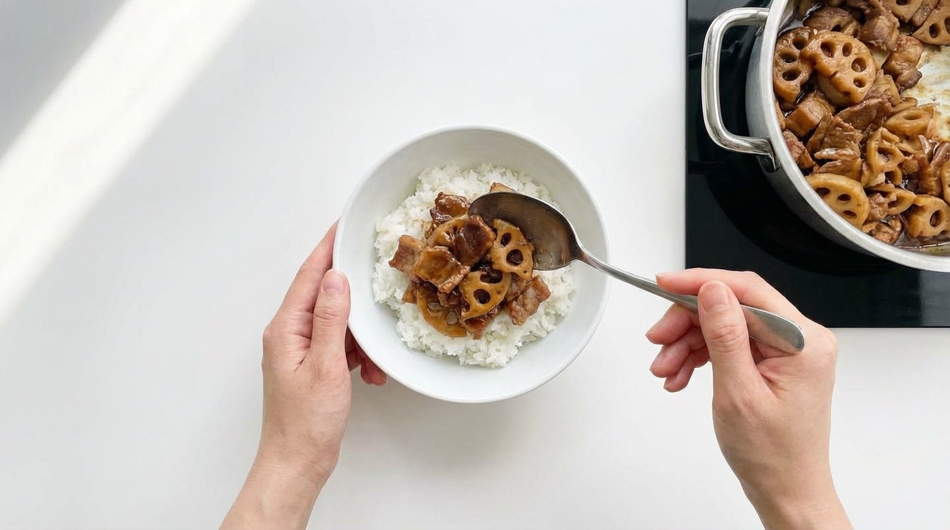 豚こまれんこんの醤油丼（時短10分）（完成イメージ）
