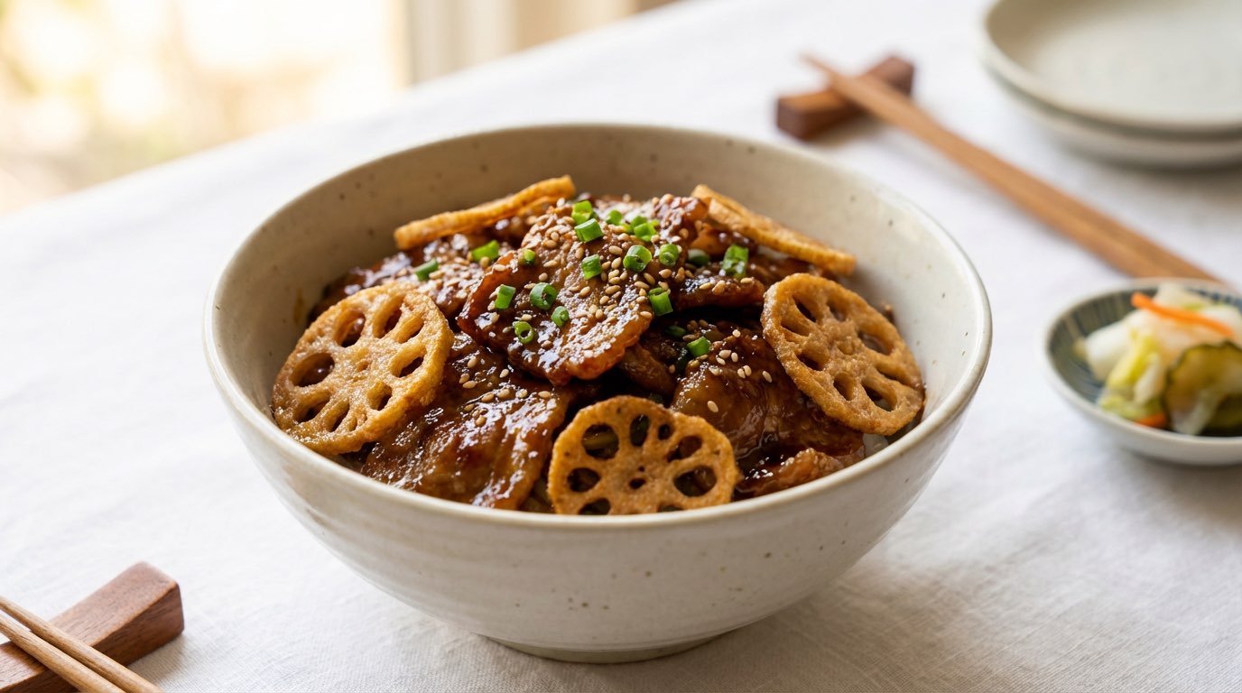 豚こまれんこんの醤油丼（時短10分）（完成イメージ）