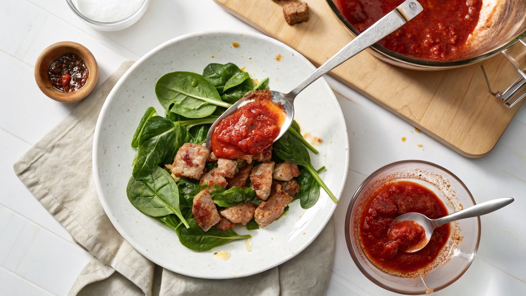 豚こまとほうれん草のケチャップレンジ蒸し（完成イメージ）