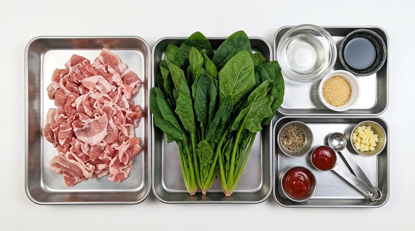 豚こまとほうれん草のケチャップレンジ蒸し（材料）