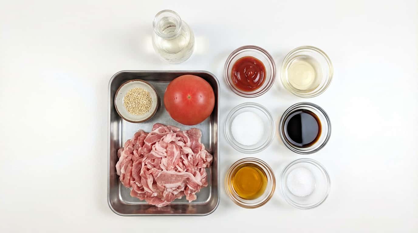 豚こまとトマトのケチャップ和え（材料）