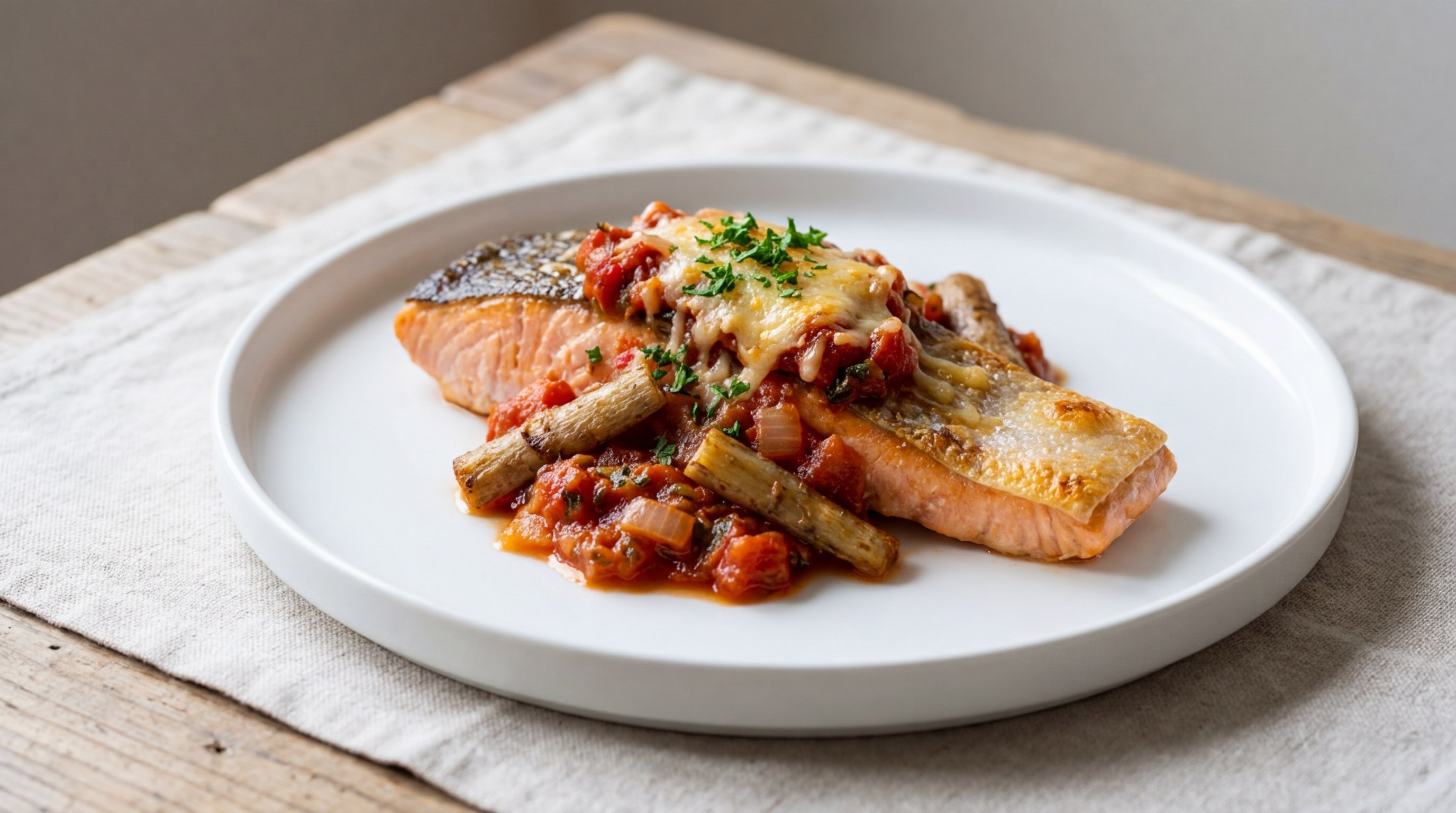 鮭とごぼうの高タンパクトマト焼き