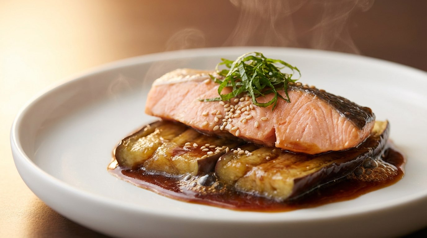 鮭となすの焼肉だれ蒸し