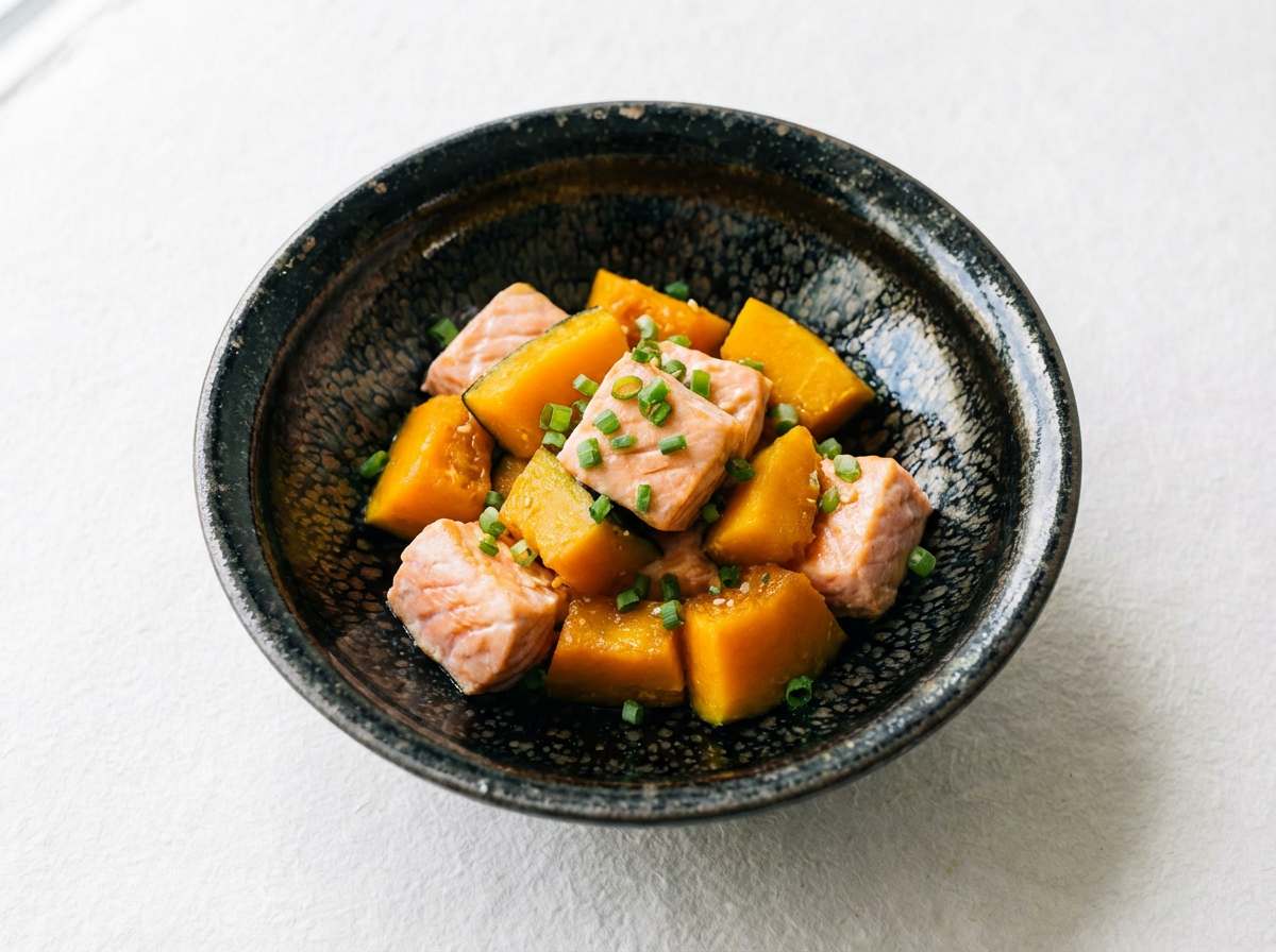 鮭とかぼちゃのごま油レンジ蒸し