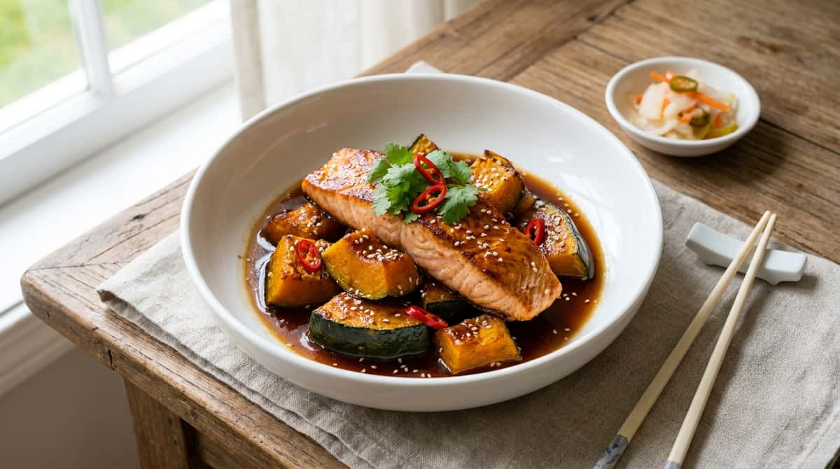 鮭とかぼちゃのごま油レンジ蒸し（完成イメージ）