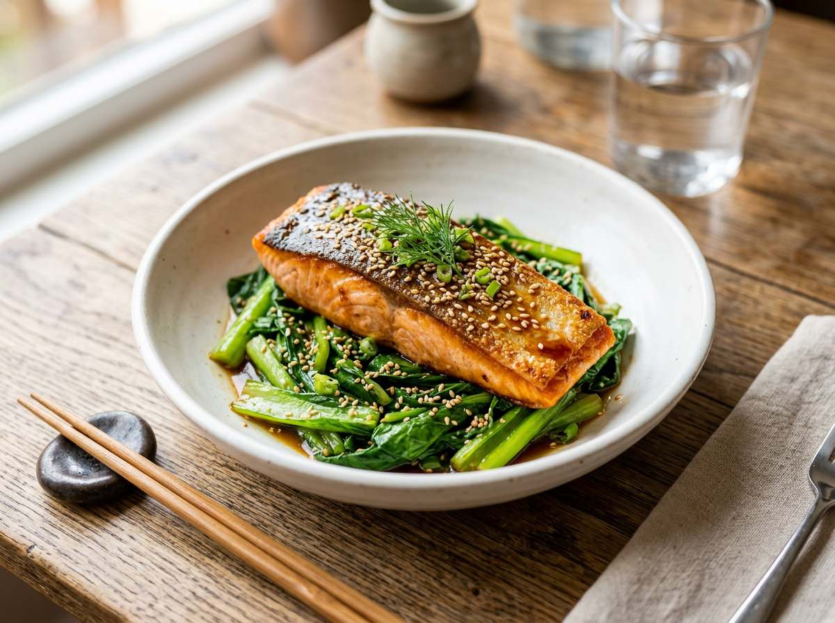 鮭と小松菜の醤油焼き