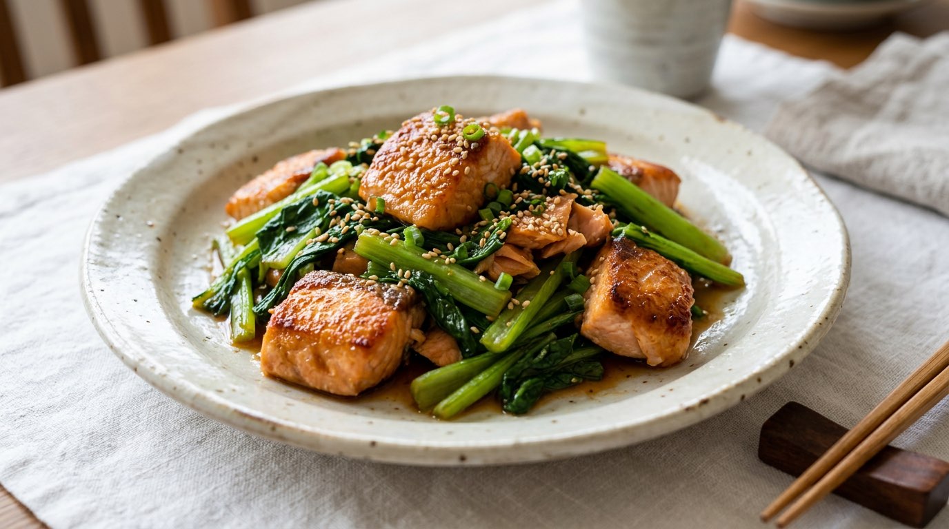 鮭と小松菜の醤油焼き（完成イメージ）
