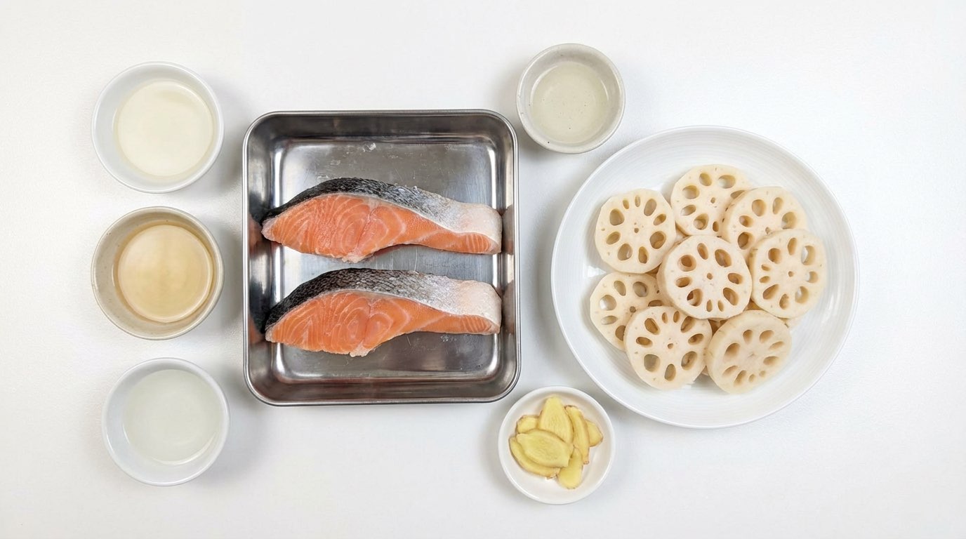 鮭とれんこんの白だし煮物（節約）（材料）