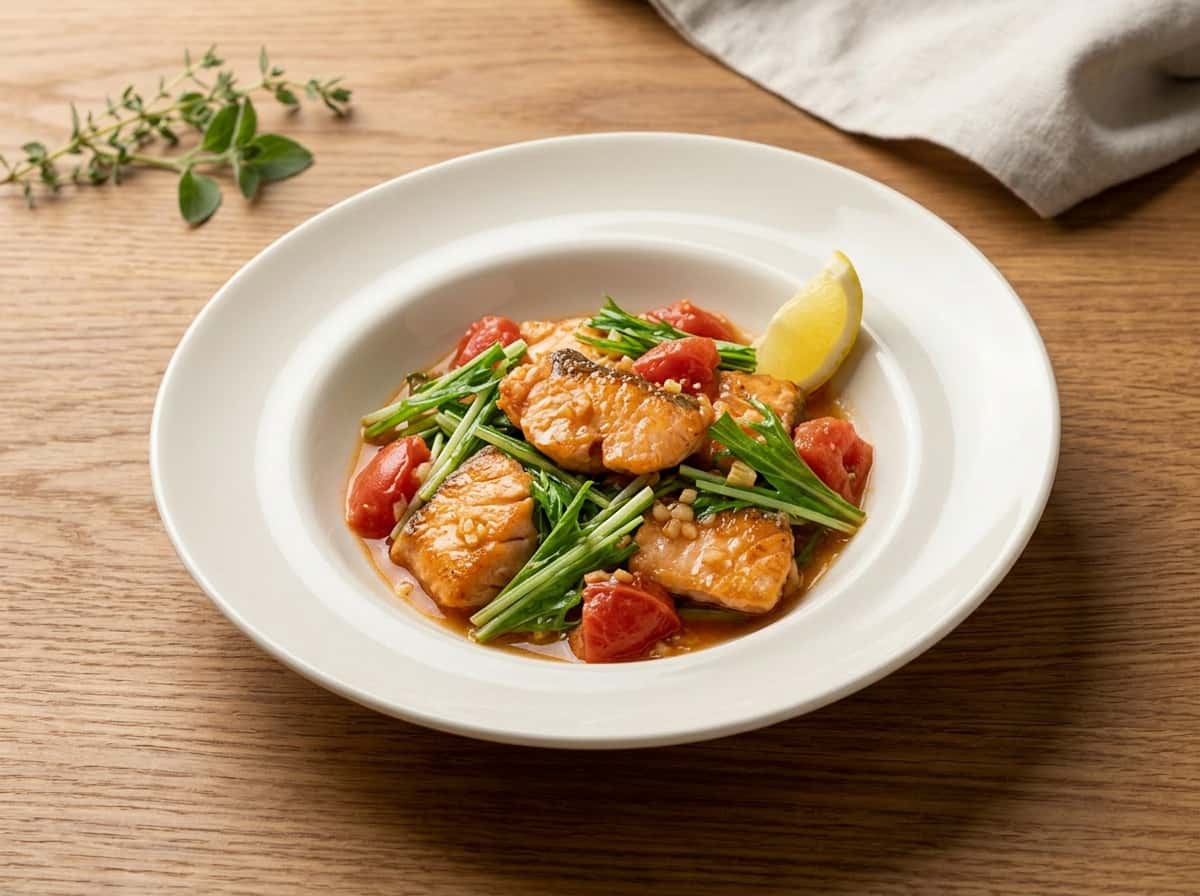 鮭と水菜のトマト缶さっぱり炒め