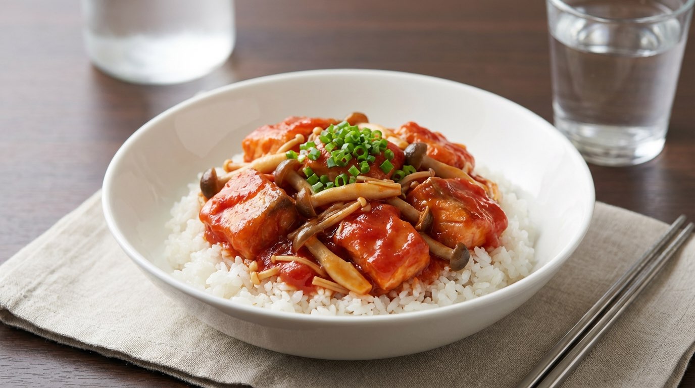 鮭ときのこのトマト缶丼