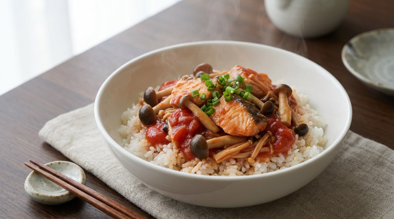 鮭ときのこのトマト缶丼（完成イメージ）
