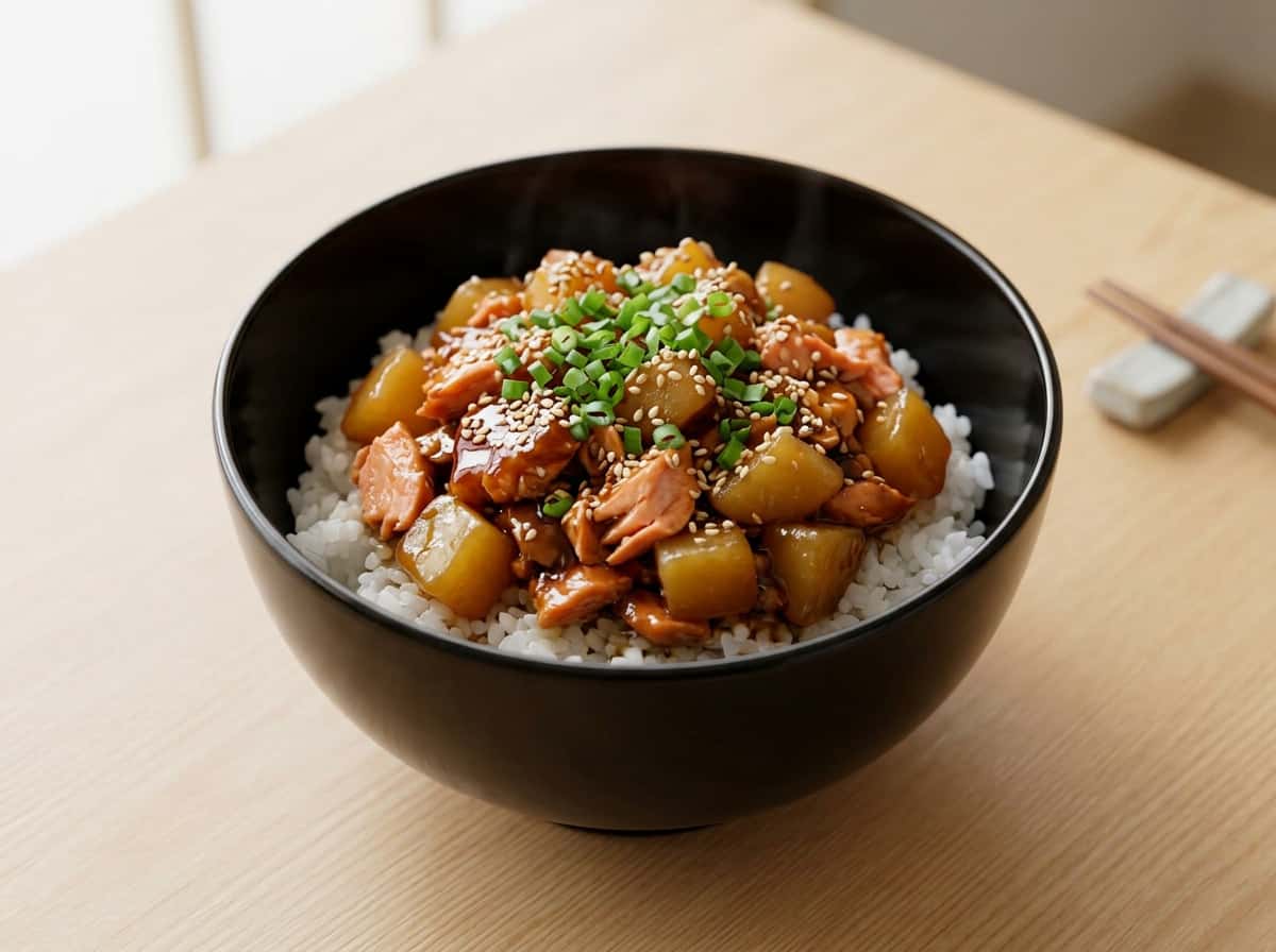 鮭とじゃがいもの醤油そぼろ丼（お弁当向き）