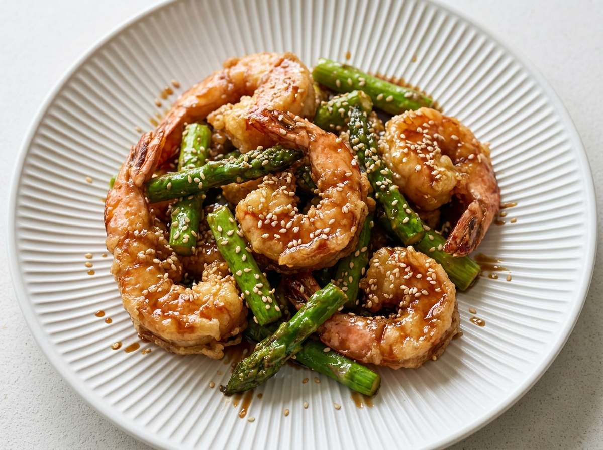 エビとアスパラガスのオイスターソース揚げ