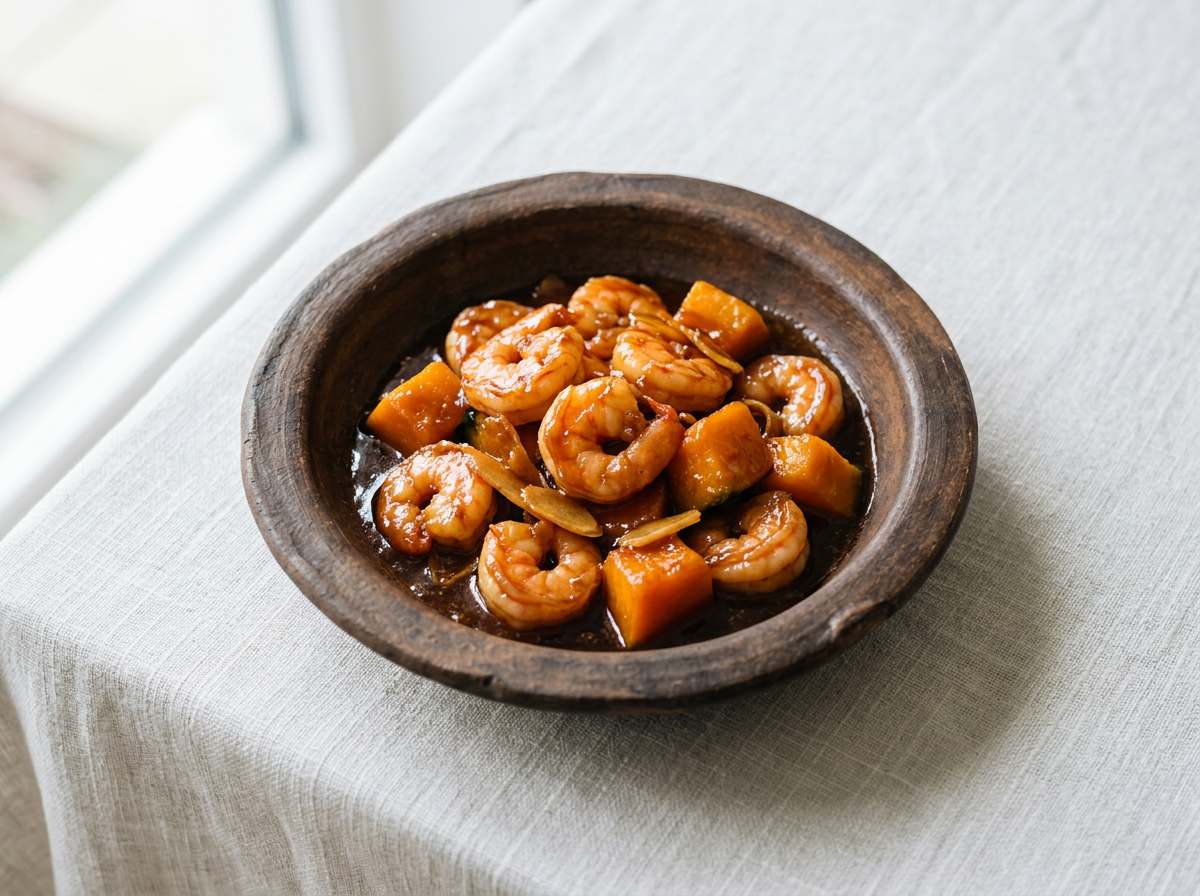 エビとかぼちゃの焼肉タレ煮込み