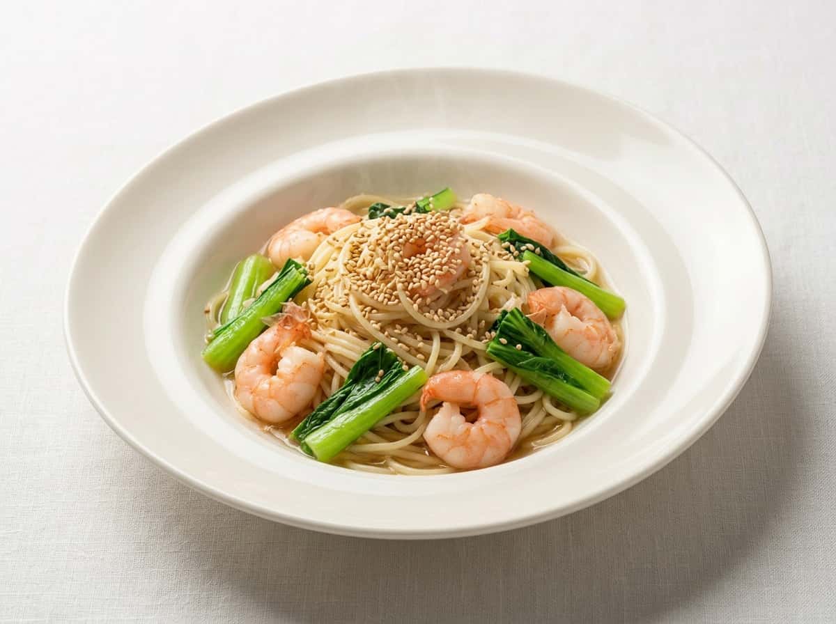 エビと小松菜の白だし和風パスタ（節約）