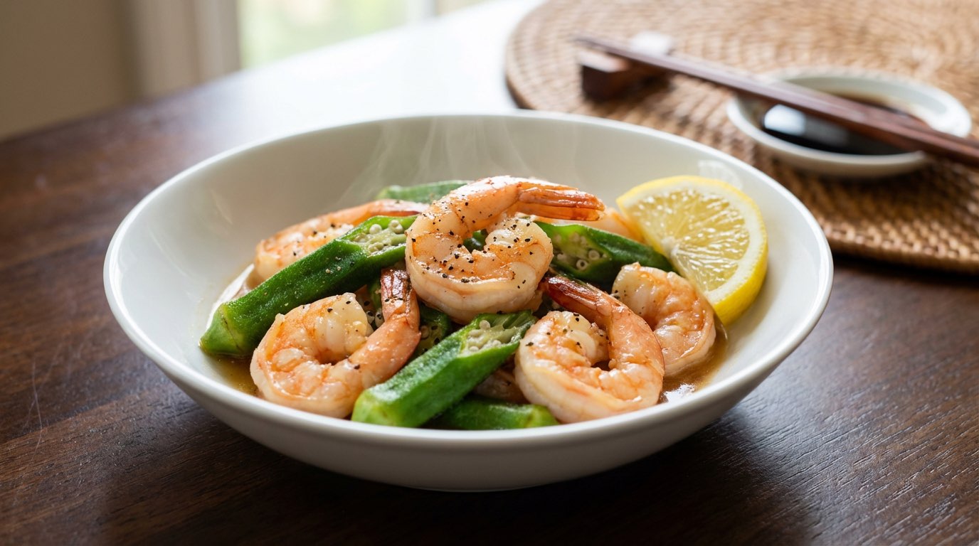 エビとオクラの鶏ガラレンジ蒸し【簡単レンジレシピ】