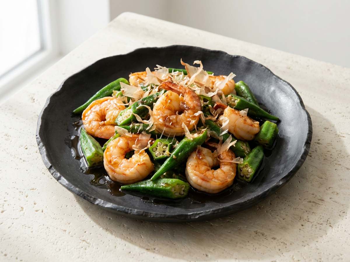 エビとオクラのめんつゆ炒め