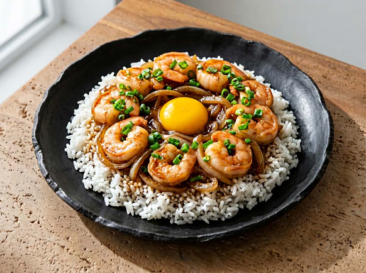 エビと玉ねぎのポン酢ガーリックバター丼