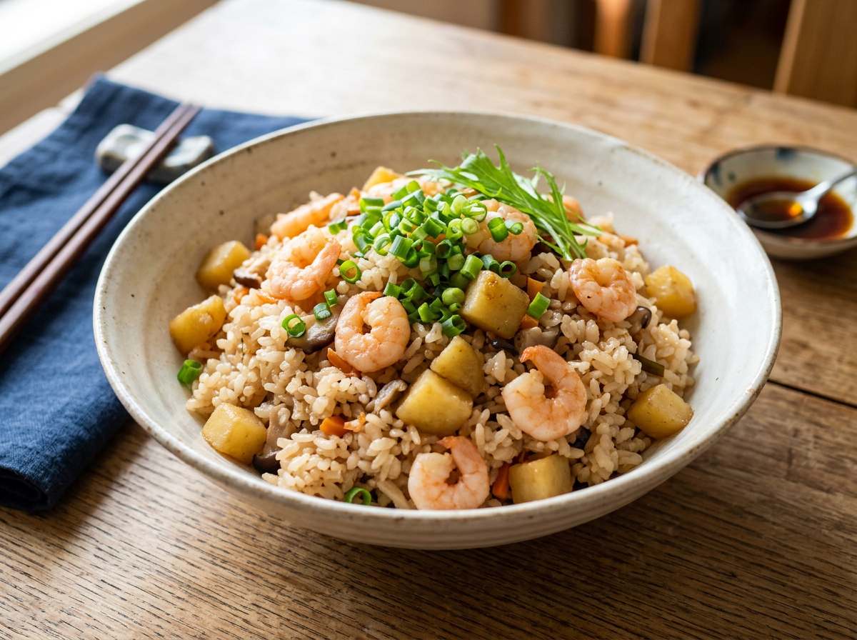 エビとじゃがいものポン酢炊き込みご飯