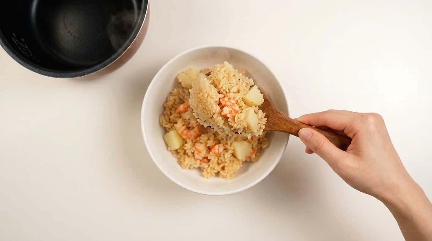 エビとじゃがいものポン酢炊き込みご飯（完成イメージ）