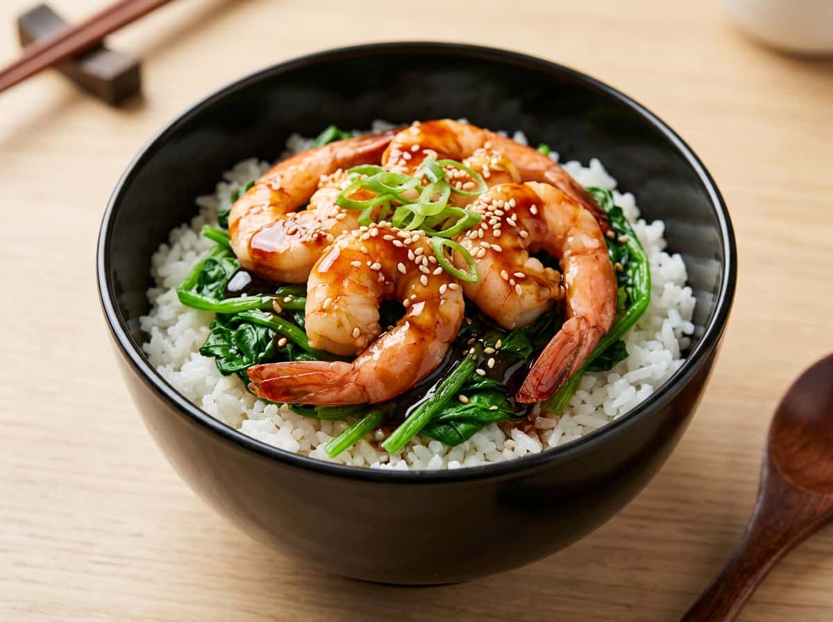 エビとほうれん草の焼肉のタレ丼