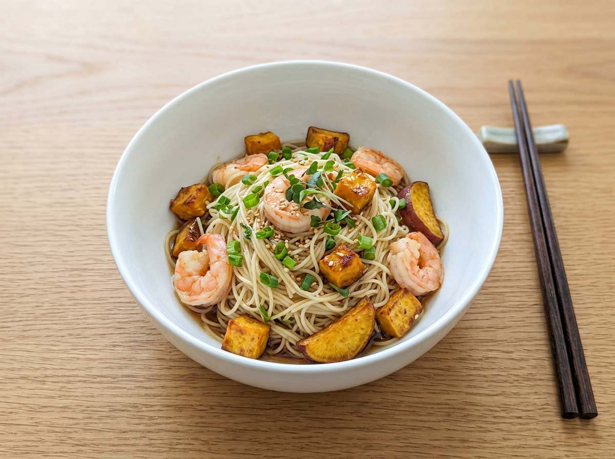 エビとさつまいものポン酢パスタ