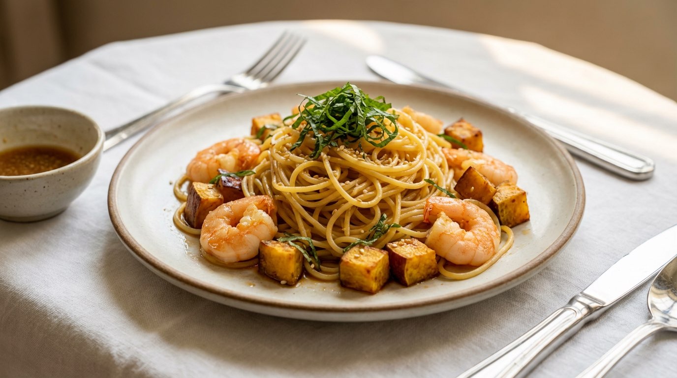 エビとさつまいものポン酢パスタ